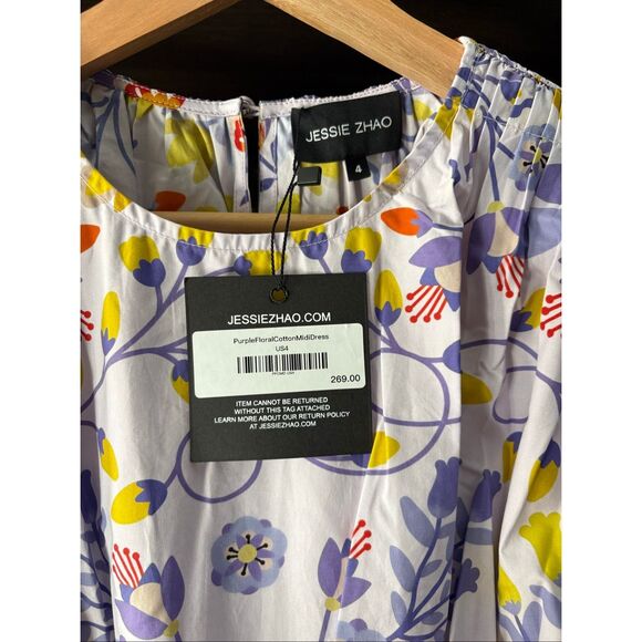 NWT Jessie Zhao New York Purple Floral Cotton Midi Dress Size 4 $269 MSRP - Picture 10 of 12